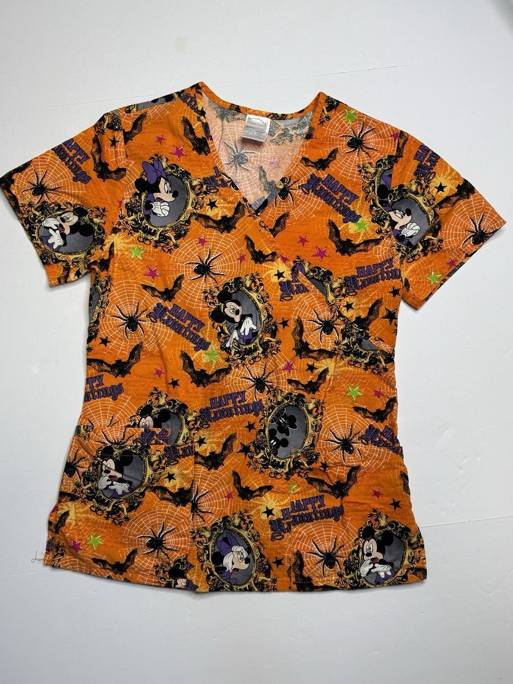 Disney Halloween Scrub Top Womens XS Mickey Minnie Happy Hauntings Orange